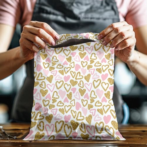 12x15 (50) Pink and Gold Hearts Valentine's Day Designer Poly Mailers Waterproof Self Sealing Tear Resistant Polymailers Large Shipping Envelopes Premium Printed Bags For Small Businesses - color: Pink and Gold Hearts, size: 12x15