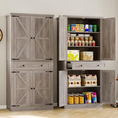 BORNOON Pantry Organizers and Storage Cabinet, 67.7” Barn Door White Kitchen Cabinet with Drawers and Adjustable Shelf, Tall Pantry for Kitchen, Dining Room, Living Room Bedroom - color: Wood, size: Single Drawer