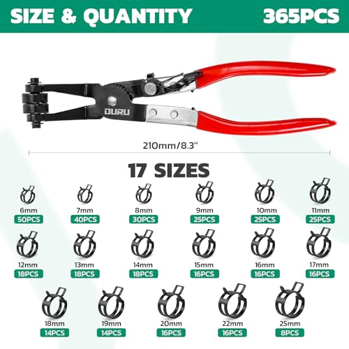 OURU 365PCS 6-25mm Spring Band Hose Clamps Assortment kit with Hose Clamp Plier, Constant Tension Hose Clamps for Fuel Lines, Silicone Vacuum Hoses, Water Pipe, Low-Pressure Air Clips - size: 365PCS (6-25mm)+ Plier