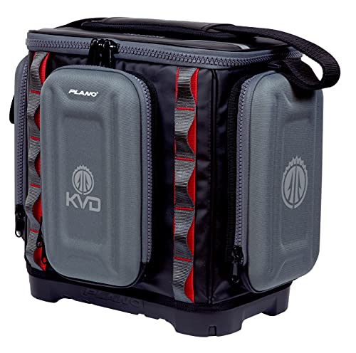 Plano KVD 3600 Signature Series Tackle Bag, Black with Red Stitching, Includes 3 Stowaway Utility Boxes, Customizable Fishing Storage, Water-Resistant TPE Coated Fabric
