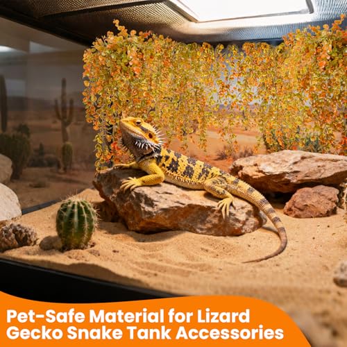 RAINFLOW 3 PCS Fake Hanging Ferns - Fake Eucalyptus Vines for Bearded Dragon Snake Geckos Hermit Crab Lizard Chameleon Reptile Decor(Orange) - color: Orange