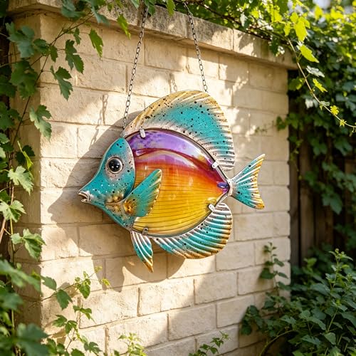 Metal Fish Wall Decor Hanging Glass Sculpture Art for Garden Yard Living Room Bedroom Patio Balcony Sea Wall Home Ocean Theme Kitchen Pool Porch, Outdoor Indoor Decorations Ocean Hanging, Orange