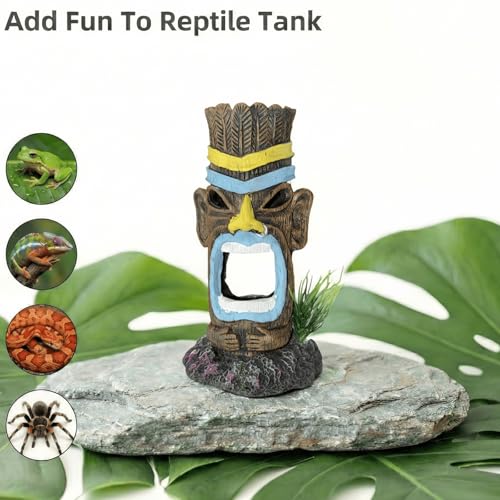 Small Aquarium Decor Cave Hideout, Smooth Resin Fish Tank Decorations with Tiki, Betta Hideout for Reptiles, Shrimp & Axolotl Tanks (2.8x2.8x4.9 Inch)