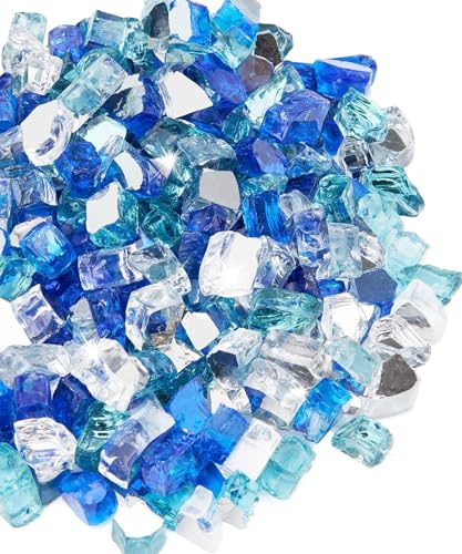 NUPICK 20 Pound Fire Glass for Fire Pit, 1/2 Inch Tempered Mixed Fire Glass in Bahama Blend for Propane Fire Pit & Gas Fireplace, Blue and White Fire Glass Rock - color: Mixed Blue&white, size: 20 Pound (1/2")