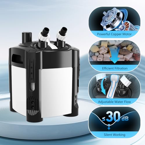 AQQA 317GPH Canister Filter, Ultra-Quiet External Aquarium Canister Filters, 3 Stage Filtration Aquarium Filter with Quartz Balls and Filter Cotton for Fish Tanks and Aquariums Up to 65 Gallon 18W - size: 317GPH