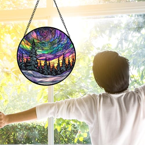 DASTOLL Stained Glass Window Hanging, Van Gogh Night Scene Sun Catchers Colorful Glass Panel Starry Sky Suncatcher Decor for Birthday for Women, Men, Wife, Aunt, and Mom 11.8x11.8 in - color: Blue, size: 11.8x11.8 IN