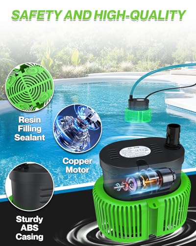 Pool Cover Pump above Ground - Submersible Water Sump Pump Swimming Water Removal Pumps, with Drainage Hose & 25 Feet Extra Long Power Cord, 850 GPH inGround, 3 Adapters - color: Green