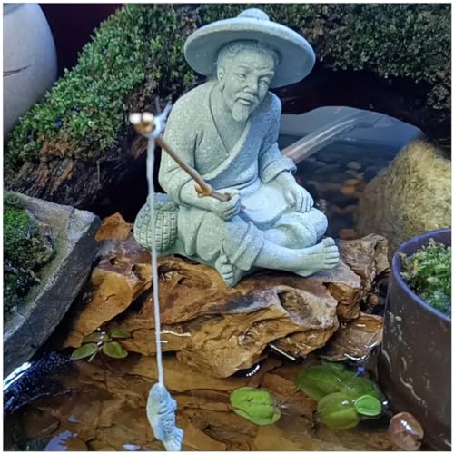 livelyfish Mini Fisherman Statue Asian Zen Decoration Sitting Fishing Figurines Sandstone Vintage Ornament for Aquarium Fish Tank Pot Garden Home Japanese Decor (A2) - color: A2