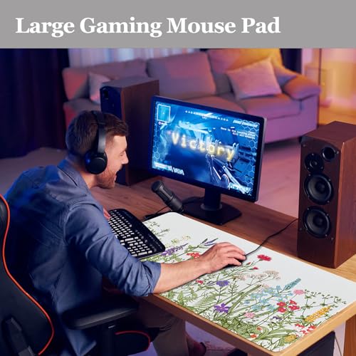 Desk Pad Botanical Floral, Desk Mat for Desktop, Sage Green Spring Flowers XXL Large Gaming Mouse Pad Non-Slip Rubber Base Stitched Edges Keyboard Mouse Mat for PC/Laptop/Computer/Work/Office - color: Colored Flowers, size: 31.5" x 15.7"