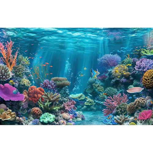 Under The Sea Aquarium Background Turquoise Underwater World Theme Terrarium Background Deep Ocean Sea with Coral Rocks Fish Tank Backdrop Tropical Ocean Marine with Sunbeams Backdrops 24x12in - color: Blue Brown, size: 24(W)x12(H)in
