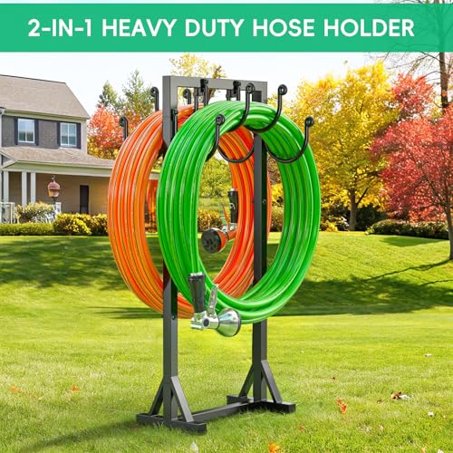 Kcysta Garden Hose Holder Freestanding, Double-Sided Water Hose Holders for Outside, Heavy Duty Metal Hose Stand Hanger Storage Rack