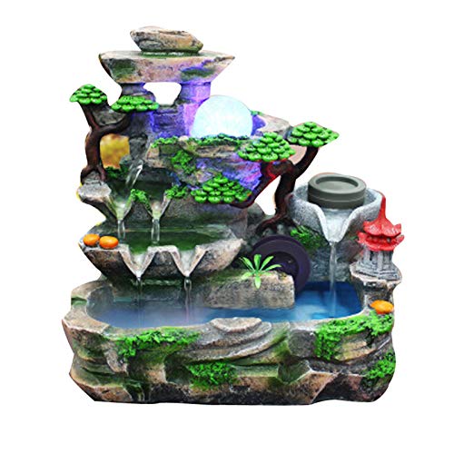 Tabletop Waterfall Fountain with Rockery, Mini Silent Indoor Ornament Desk Calming Water Fountain Desktop Simulation Resin with Atomizer LED Light for Office Bedroom Home Table Decor Multi-Layer - color: Style 3