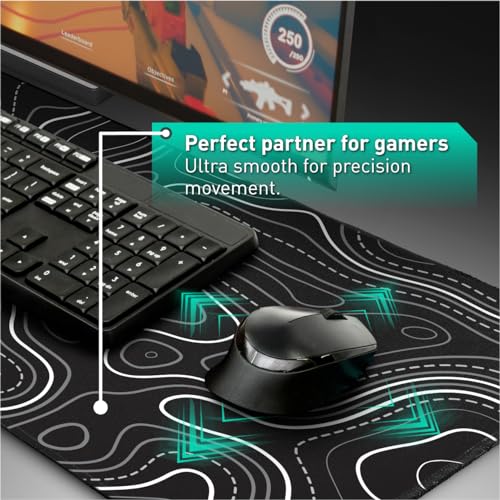Pixiecube Minimalist Topographic Map Mouse Pad - Contour Extended Large Stitch Edge Mousepad. Black & White Non-Slip XXL Gaming Desk Mat - color: Black Topographic, size: 35.4L x 15.7W inches