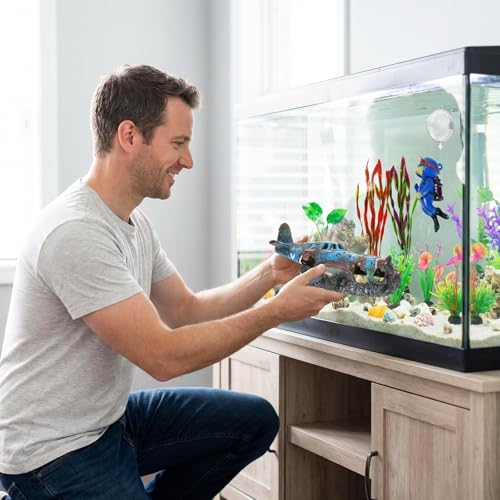 Aaquarium Accessories Set, Betta Fish Hideout Cave, Fish Castle Set | Large Size Resin Plane with 10 Artificial Aquatic Plants, 30-40 Seashells, 1 Floating Diver for Fish Tank Decor - color: Broken Plane