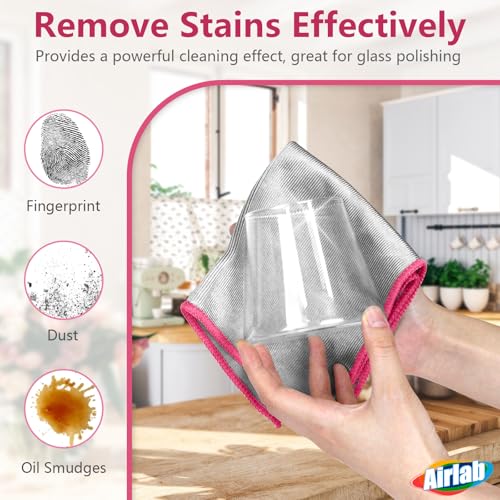 Airlab Glass Polishing Cloth Streak Free Miracle Microfiber Cleaning Cloth Lint Free Cleaning Rags for Glasses Kitchen Dish Mirrors Easy Clean, Pack of 6, 12" x 12", Sliver-Pink - color: Sliver-pink, Pack of 6