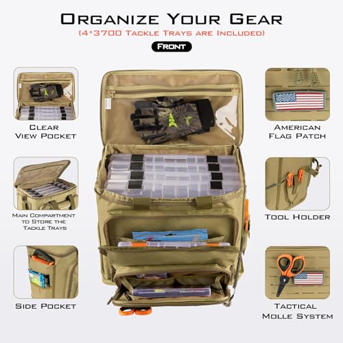 KastKing Karryall Fishing Tackle Bags with 4 * 3700 Tackle Trays, Fishing Bags for Saltwater or Freshwater Fishing - Fishing Gear Storage, Khaki - color: Khaki, size: Large - 4*3700 Trays
