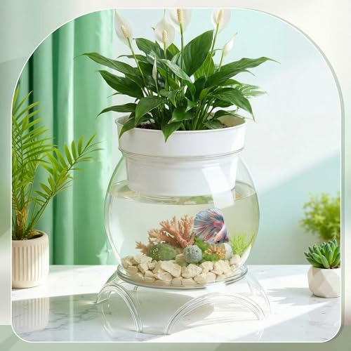 Geelin 1 Gallon Plastic Aquaponic Betta Fish Tank Aquaponic with Base and Top, Large Bowl Shatterproof Ecosystem Aquarium with Clear Clarity for Terrarium, Flower Vase Betta Fish Centerpiece Gifts - size: 1 Gallon