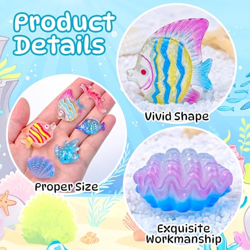 60 Pcs Luminous Mini Resin Ocean Animal Figures Glow in the Dark Small Little Tiny Fish Seashell Coral Miniature Figurines for Crafts Fairy Garden Accessories Micro Landscape Aquarium Decor