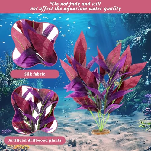 2 Pcs Silk Fish Tank Plants, Silk Plants for Fish Tank 14 Inch Aquarium Plant for Aquarium Goldfish Turtle Tanks Decorations Purple