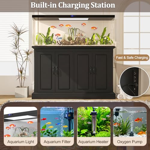Modern 55-75 Gallon Fish Tank Stand with Power Outlet (4 AC 2 USB Ports), Heavy Duty Aquarium Stand with Cabinet Storage for Fish Tank, Turtle Tank, Reptile Terrarium, 1000LBS Capacity, Black - color: Black, size: 50x20x36.2 Inch