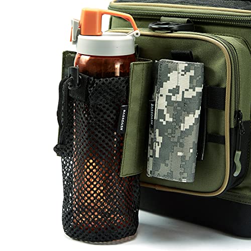 BASSDASH Tactical Molle Water Bottle Pouch with Carabiner Foldable Mesh Holder Bag for Travel Fishing Hunting Hiking Outdoor Activities - color: Army Green with Molle Straps