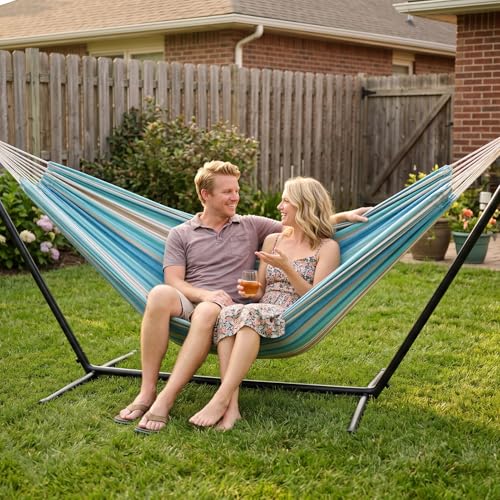 INNO STAGE 2 Persons Hammock with Tree Straps - Brazilian Double Hammocks, Portable Hanging Camping Bed for Patio, Backyard, Porch, Outdoor and Indoor Use Soft Cotton Carrying Bag, Blue, XX-Large - color: Blue, size: XX-Large