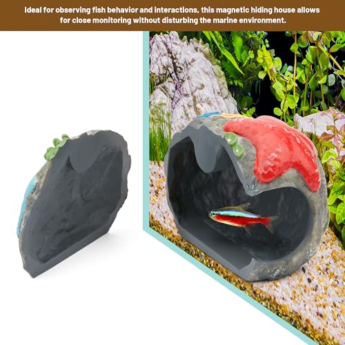 Upgraded Magnetic Detachable Aquarium Hideaway Coral Rock Cave to Check Your Aquatic Pets to Breed, Play and Rest Safe and Non-Toxic Resin Fish Tank Viewing Hideout Ornaments