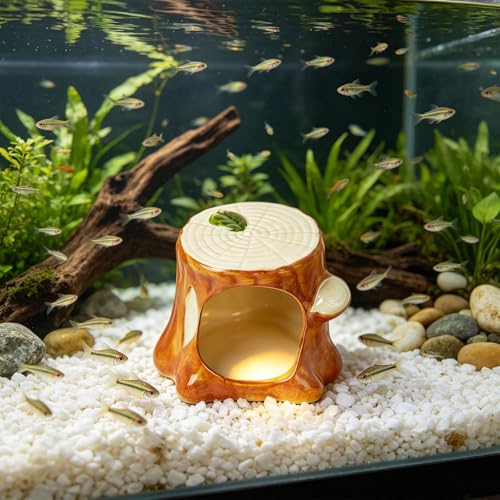 Aquarium Decor Ceramic Tree Stump Aquarium Hideout Cave, Betta Fish Tank Decor Ornament, Hiding & Breeding House for Small Fish, Shrimp, Cichlid, Goldfish & Reptiles
