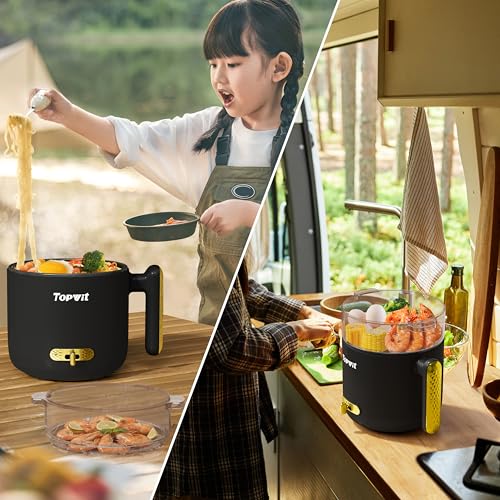 Topwit Hot Pot Electric with Steamer, 1.8L Ramen Cooker, Portable Electric Pot for Cooking, Multifunctional Cooker for Steak, Egg, Soup, Noodle with Power Adjustment, Dorm Room Essential, Black