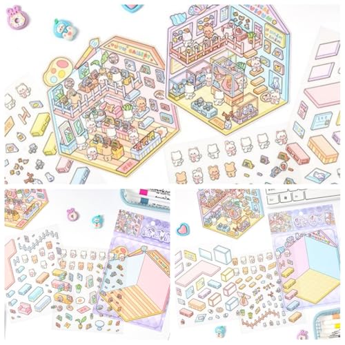 8 Sets Cute DIY 3D House Stickers with Tweezers,Fun 3D Sticker Scene Make Your Own Mini Cartoon Zoo Aquarium Library Coffee House Stickers for Gifts Therapy for Adult Relief Stress Pass The Time