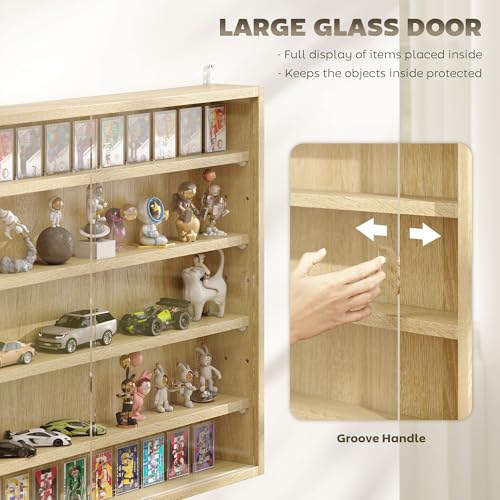 HOMCOM 5-Tier Display Cabinet, Glass Door Cabinet with Adjustable Shelves, Wall-Mounted Display Case for Playroom, Bedroom, Oak - color: Oak