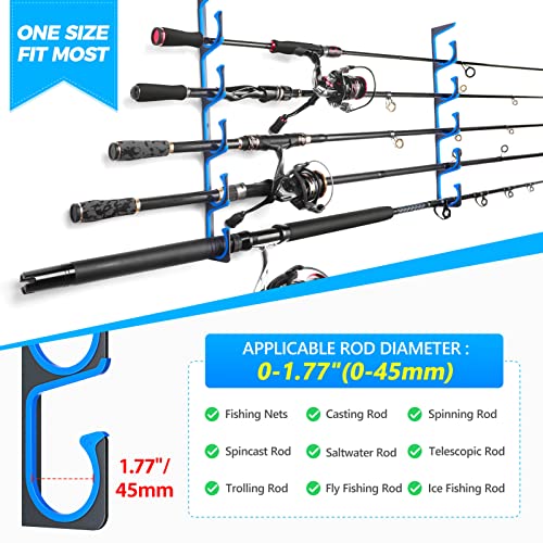 PLUSINNO H5 Horizontal Fishing Rod/Pole Holders for Garage, Wall Ceiling Mounted Fishing Rod Holder, Aviation Aluminum Fishing rod rack Holds up to 5/10/20 Rod or Combos Fishing Gear and Gifts for Men - color: Blue 1pack(store 5 fishing rods or combos)