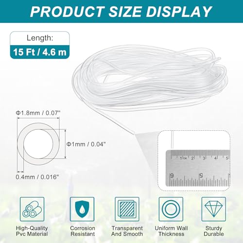 uxcell Clear PVC Tubing, 1mm ID x 1.8mm OD - 15ft PVC Tube Lightweight Vinyl Hose, Transparent Flexible Plastic Water Tubing for Air Oil Water Transfer Aquarium Irrigation - size: 1mm ID x 1.8mm OD