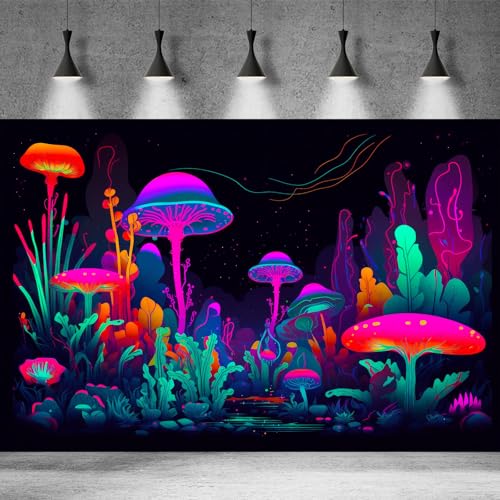 Mushrooms Aquarium Background Mushrooms in Dark Forest with Bright Colors Terrarium Background Tranquil Lake Cartoon Style Aquatic Plants Fish Tank Backdrop Poster Decorations Wallpaper Decor 24x12in - color: Purple Red, size: 24(W)x12(H)in