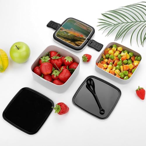 Brook Trout Fly Fishing Stackable Bento Box with Spoon - Leak Proof Lunch Container, Insulated Food Storage Boxes/Invisible Handle for Office, Travel & Picnic