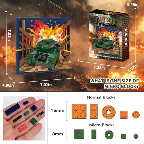 Military Tank 3D Wall Art Micro Mini Building Blocks Set, WW2 T-34 Tank Collection Display Model & Wall Decor, No Compatible with Lego, Great Army Vehicle Toy Gift for Adults Teens 14+ (1430 PCS) - style: T-34 Military Tank