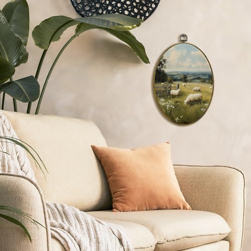 XFCICRLJ Vintage Farmhouse Sheep Wall Art Decor, Rustic Landscape Oval Canvas Prints Framed, Cottagecore Country Farm Animals Wall Art Decorations for Home Bedroom Living Room Decor, 11x8.5 Inch - color: Sheep03