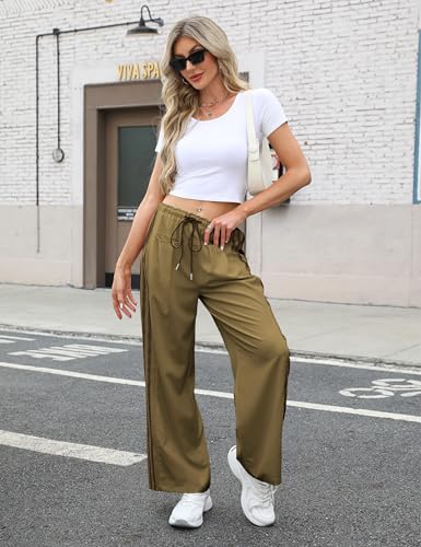 Hongsui Women's Wide Leg Pants Drawstring High Rise Side Striped Slouchy Palazzo Pants with Pockets - color: Armygreen, size: Medium