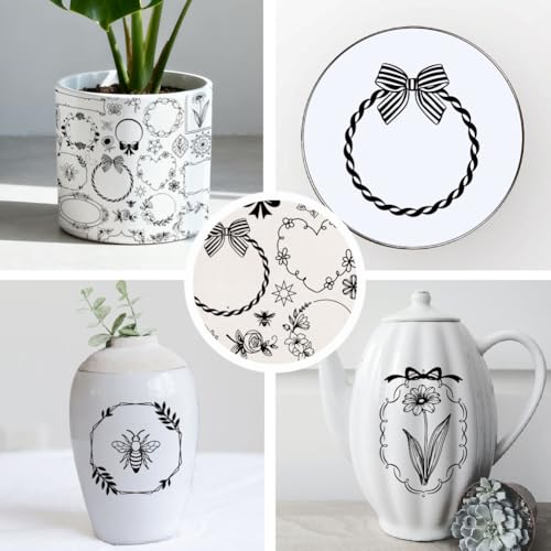 SUPERDANT 4PCS Border Underglaze Paper Transfer Flowers Wreath Transfer Papers for Clay Ceramic Porcelain Under Glaze Transfers for Pottery Enamel Decals Black Underglaze Decal Handcrafted Gifts - style: Flowers Border