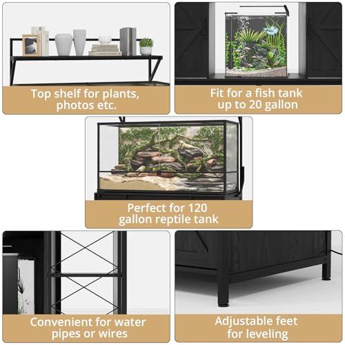 VOWNER Farmhouse Reptile Tank Stand with Power Outlet, 48" X 24" Tabletop Fits up 120 Gallon Bearded Dragon Tank, Heavy Duty Aquarium Stand with Storage Cabinet, Reptile Turtle Terrarium Stand Black - color: Black