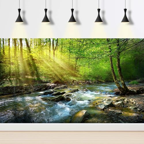 Forest Aquarium Background Flowing Stream Sunbeams Fish Tank Background Lush Green Trees Fantastic Natural View Reptile Tank Backgrounds Deep Rainforest Jungle Reptile Enclosure Backgrounds 24x12in - color: Green_Orange, size: 24(W)x12(H)inches/ 60(W)*30c