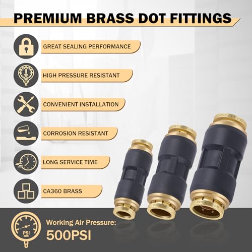 CheeMuii 32 PCS DOT Air Line Fittings 1/4" 3/8" 1/2" DOT Push Lock Air Fittings Brass and Plastic Straight Unions Quick Connect Air Hose Fittings Repair Kit - color: Black, size: 30 PCS