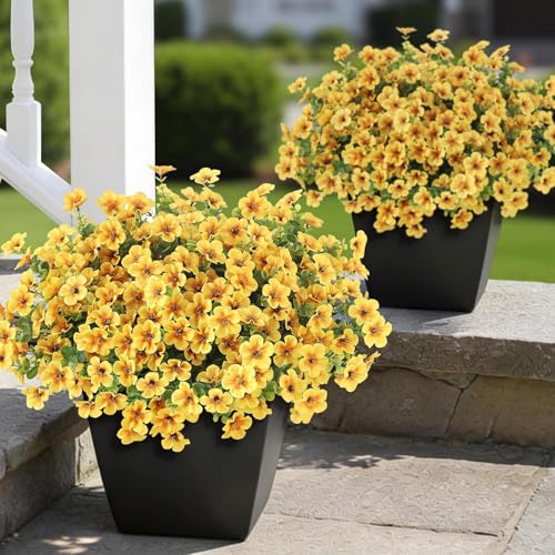 VIERENA 12 Bundles Artificial Flowers and Eucalyptus for Outside, Sun Resistant Silk Fake Morning Glory with Faux Eucalyptus Plants for Garden Porch Farmhouse Home Spring Summer Decor (Yellow) - color: Yellow