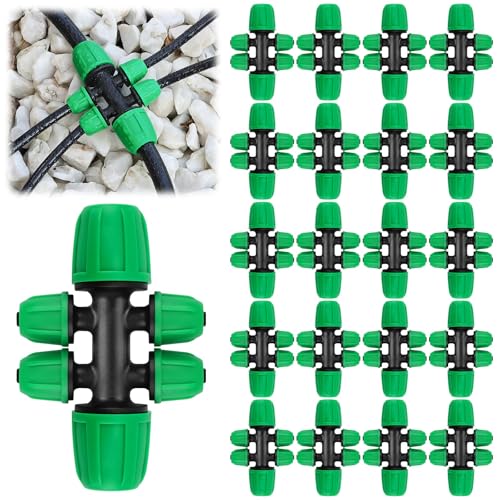 Kalolary 20PCS Locked Barbed Tee Connectors, 5/16" to 1/4" Drip Irrigation Fittings Kit 8/12mm to 4/7mm Tube Lock Female Connector 6-Way Barbed Lock Irrigation Parts for Watering System (Green) - color: Green 5/16" to 1/4" 6-Way