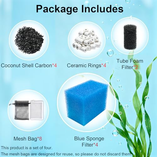 4 Sets Complete Filter Media Kit Compatible with Fluval AC20/Aquaclear 20 Power Filter for 5-to-20 Gallon Aquariums - Includes 4 Active Carbon, 4 Ceramic Rings, 2 Intake Strainer Sponges, 4 Foam - size: For AC20