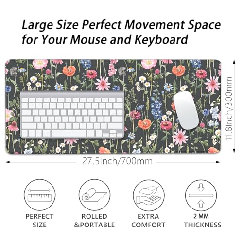 Black Background Watercolor Flowers Desk Pad Mouse Pad,Large Floral Mouse Mat with Stitched Edges,Non-Slip Rubber Base Mousepad for Office PC Keyboard Laptop and Home Work Desk Mat(27.5X11.8 in) - color: Poppies, daisies, cornflowers