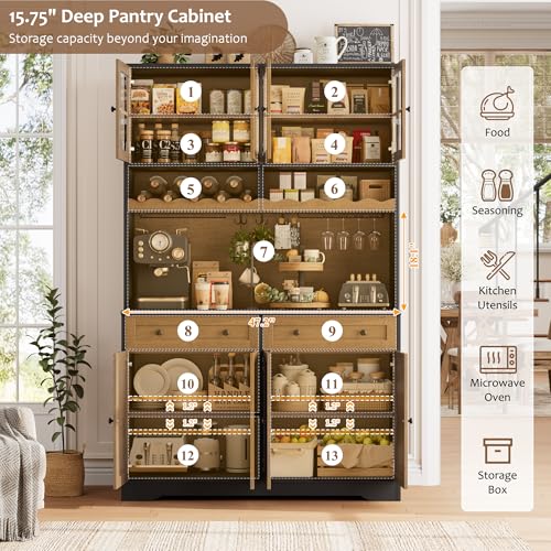 HOSTACK 75.4" Tall Kitchen Pantry Cabinet with Charging Station, Modern White Kitchen Hutch with Microwave Stand and Wine Rack, Large Food Pantry Storage Cabinet with Glass Doors and Drawers, Brown - color: Black/Brown