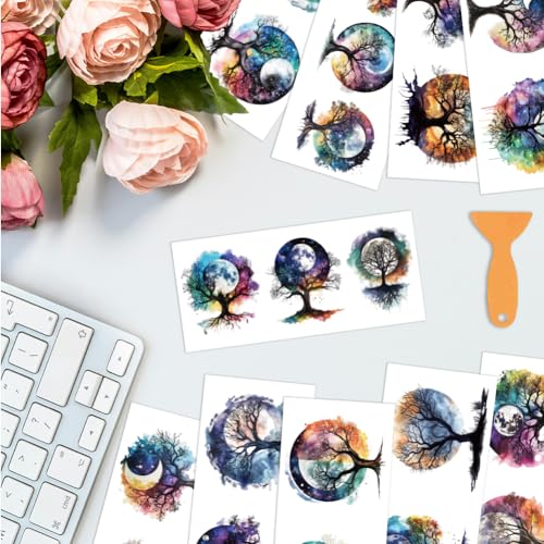 arricraft 10 Sheets UV DTF Cup Wrap for 16OZ Glass, Watercolor Tree of Life Moon Rub on Decals PVC Transfer Stickers for DIY Cups Wood Funiture 24x11cm/9.4x4.3inch - style: Watercolor Tree of Life Theme