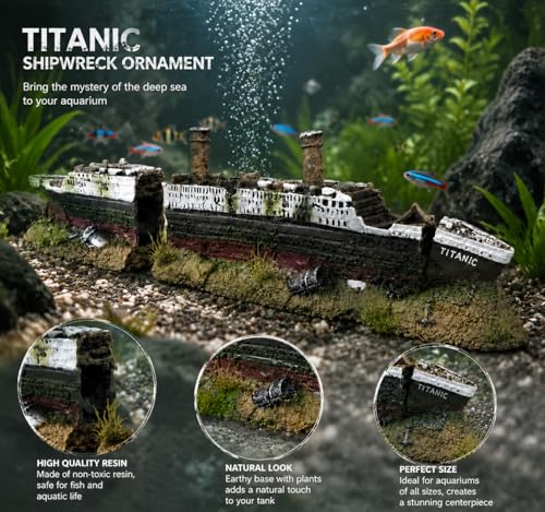 Aquarium Decor, Antique Roman Column Ruins & Titanic Shipwreck Ornament, European Castle Fish Tank Hideout Rocks for Aquascape & Underwater Landscaping
