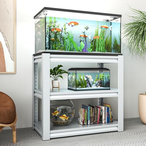 White 31.5 "L x 18 "W x 34"H 40-50 Gallon Fish Tank Stand, Metal Aquarium Stand with Accessories Storage,Aquarium Stand with Plant Shelf, Shelf Fish Tank Stand for Fish Tank Accessories Storage